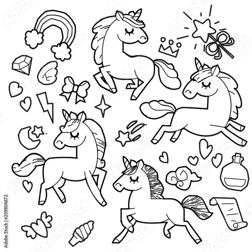 Cute unicorn and pony collection with magic items  rainbow  fairy wings  crystals  clouds  potion. Hand drawn line style. Vector doodles illustrations.