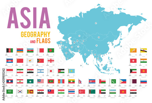 Set of 50 flags of Asia isolated on white background and map of Asia with countries situated on it.