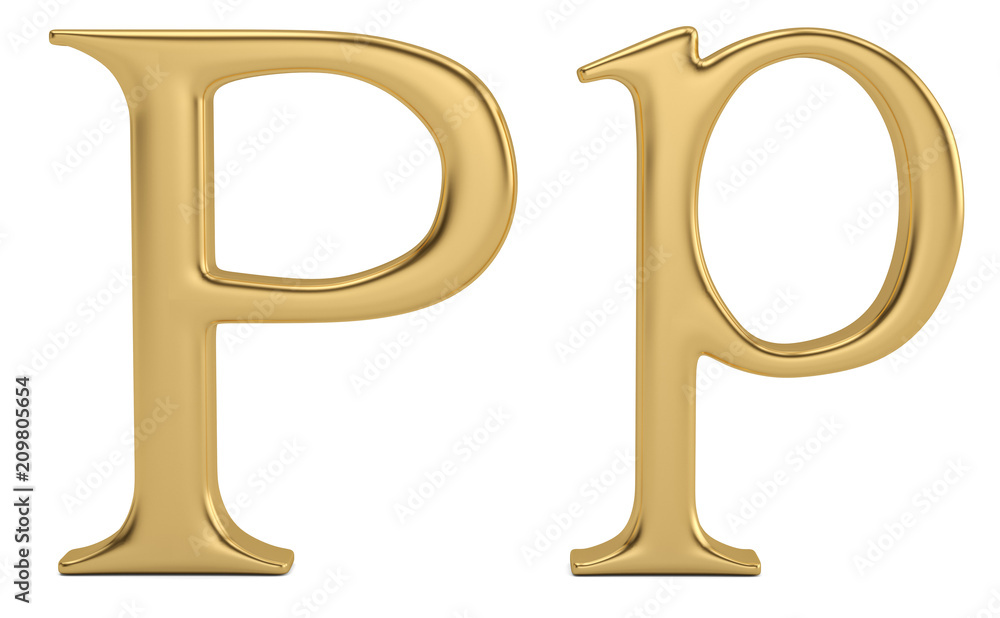 Gold metal p alphabet isolated on white background 3D illustration. Gold metal p alphabet isolated on white background 3D illustration.