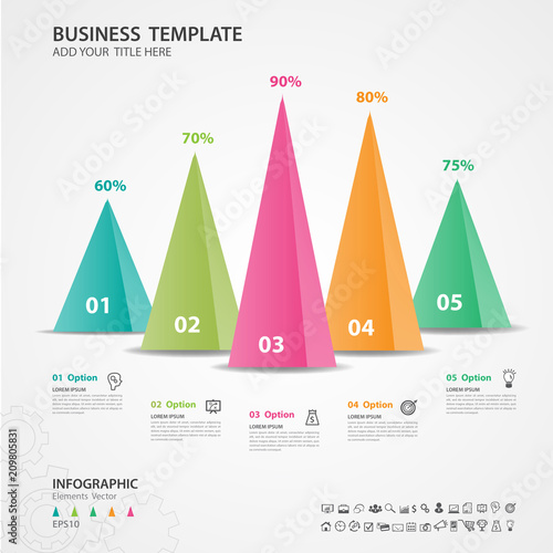 Infographics elements diagram with 5 steps, options, Vector illustration, pyramid 3d icon, presentation, advertisment, Process chart, business flyer, banner design, web design, timeline, silde photo