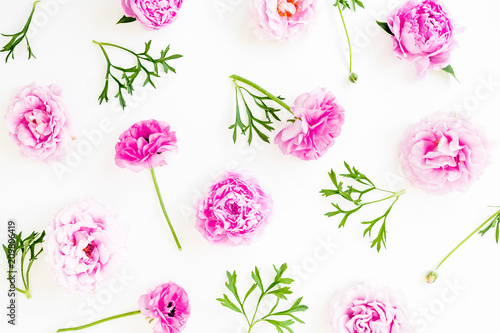 Fototapeta Naklejka Na Ścianę i Meble -  Floral pattern with pink peonies flowers and leaves white background. Flat lay, Top view. Flowers texture.