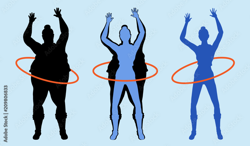 Fat woman exercising with hula hoop and losing weight Fat woman exercising with hula hoop and losing weight