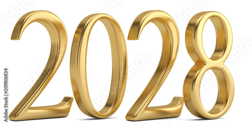 Gold new year number isolated on white background 3D illustration.