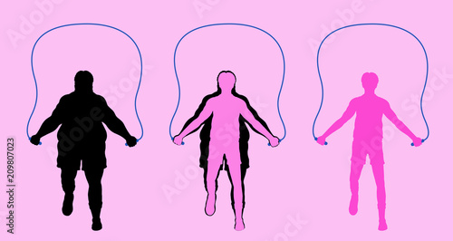 Fat man exercising with jumping rope and losing weight