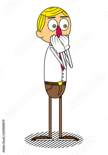 Simple retro cartoon of a businessman with hands over mouth. Vector cartoon illustration.