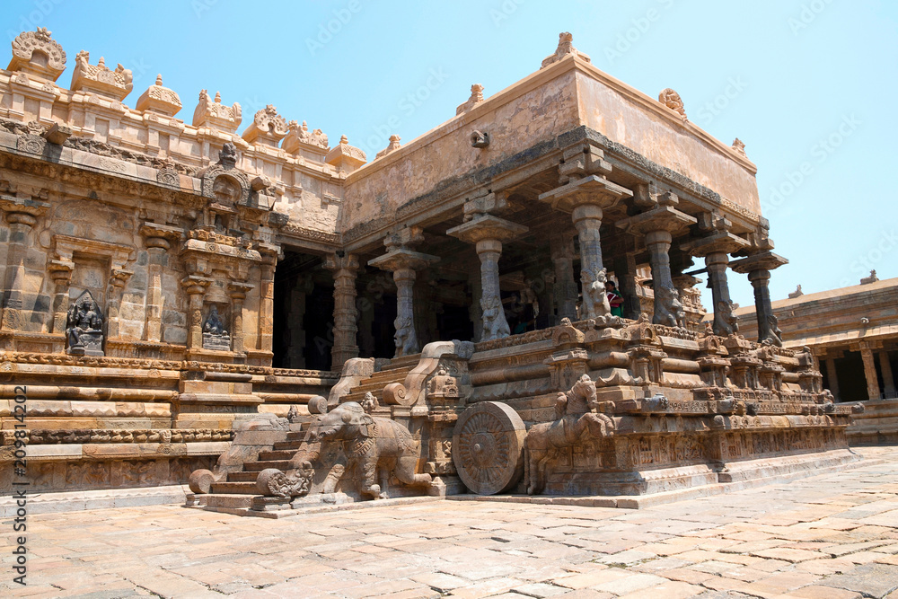 Decorated niches and steps leading to Agra-mandapa known as Raja-gambhiran, Airavatesvara Temple, Darasuram, Tamil Nadu. View from South.