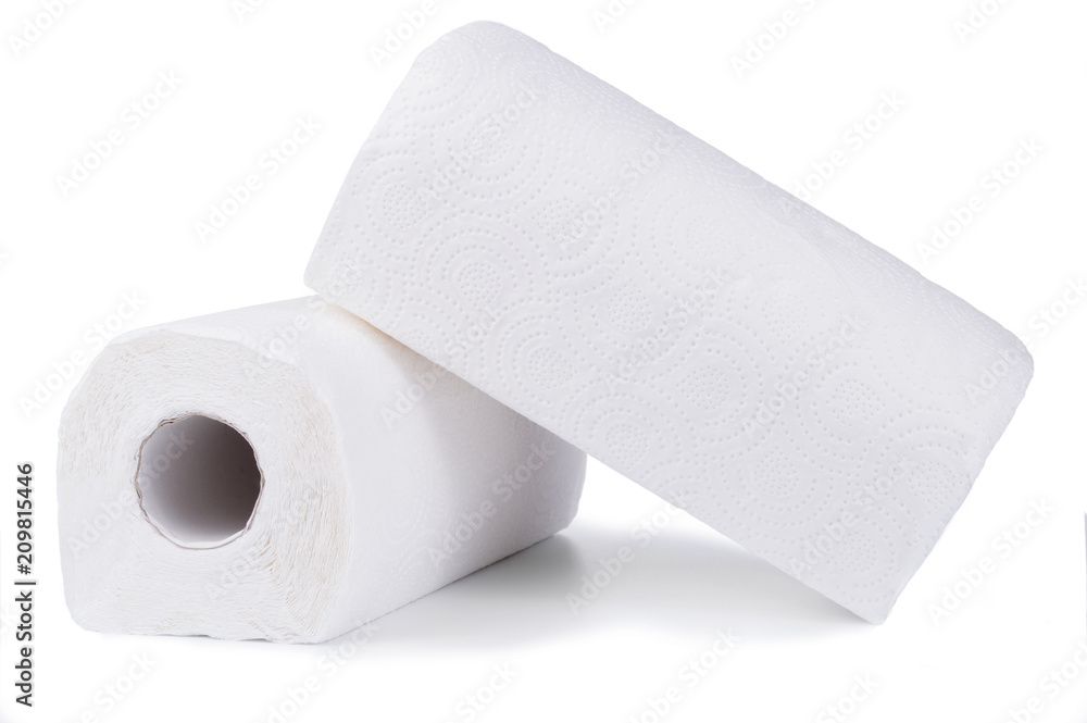 Group of white rolls papper towels, isolated on white background