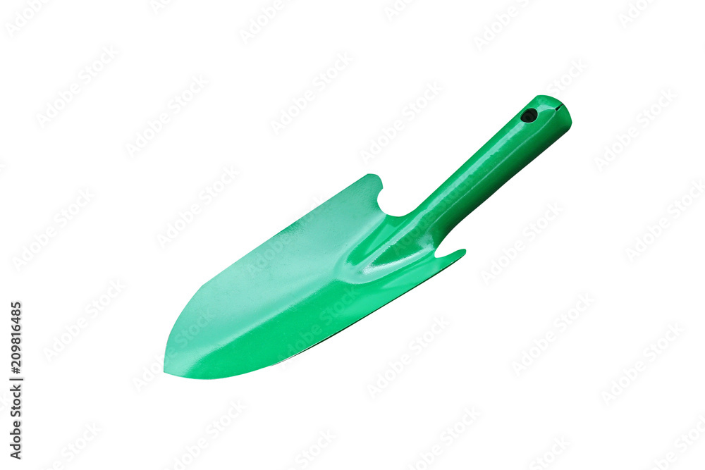 Green gardening shovel isolated on white background 