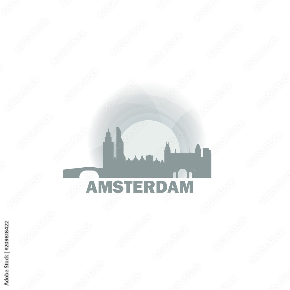 Netherlands Amsterdam sunrise sunset city panorama flat logo. Modern vector icon with Holland capital cityscape. Isolated skyline graphic