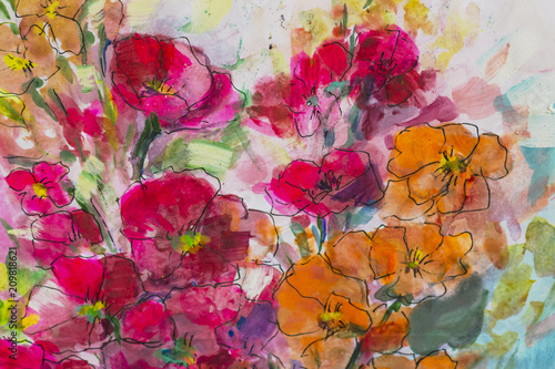 Fototapeta tekstury olejne kwiaty, malarstwo żywe kwiaty, flora