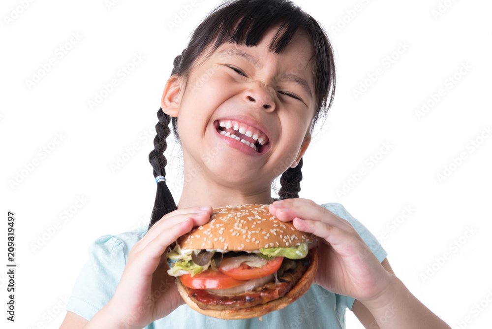 portrait of a beautiful girl, teenager and schoolgirl, holding a hamburger on a white background portrait of a beautiful girl, teenager and schoolgirl, holding a hamburger on a white background
