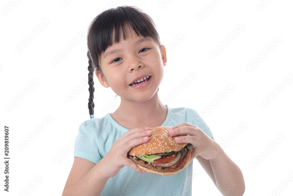 portrait of a beautiful girl, teenager and schoolgirl, holding a hamburger on a white background portrait of a beautiful girl, teenager and schoolgirl, holding a hamburger on a white background