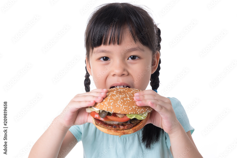 portrait of a beautiful girl, teenager and schoolgirl, holding a hamburger on a white background portrait of a beautiful girl, teenager and schoolgirl, holding a hamburger on a white background
