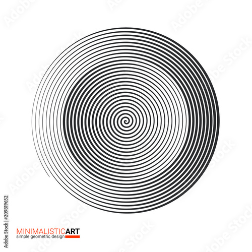 Modern geometric design, minimalistic art. Simple black and white shape in bauhaus style. Halftone concentric spiral shape isolated on white background, vector illustration.