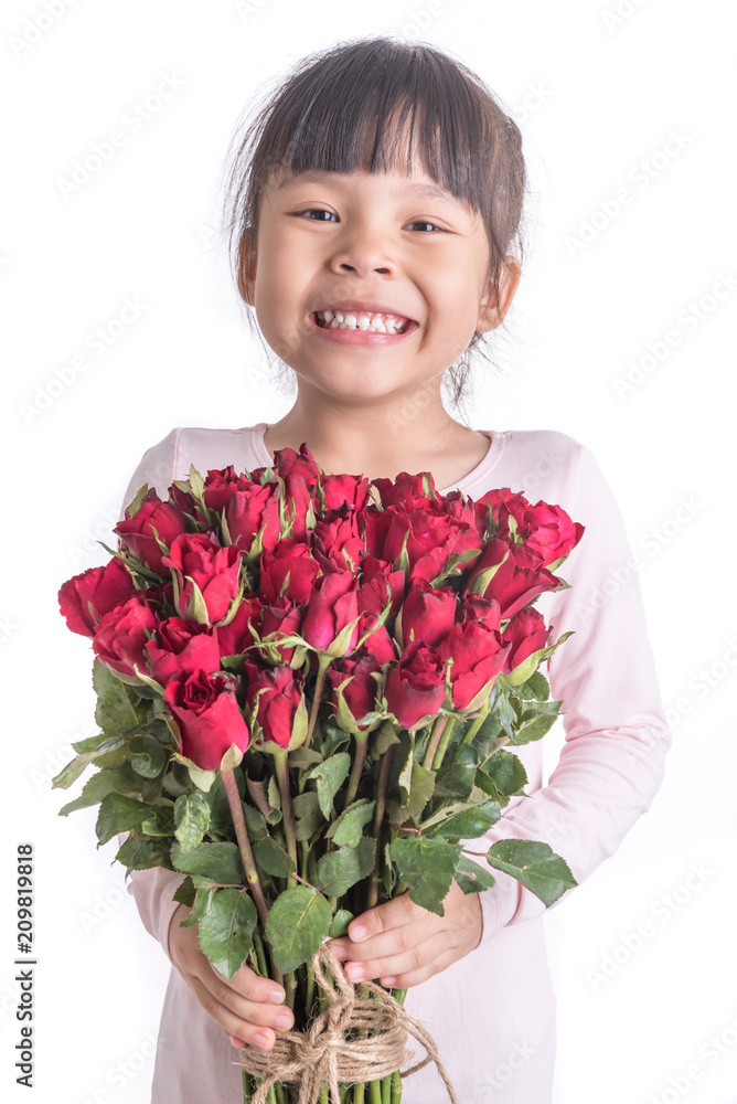 little girl holding bouquet or red rose flowers, asian girl with flowers little girl holding bouquet or red rose flowers, asian girl with flowers