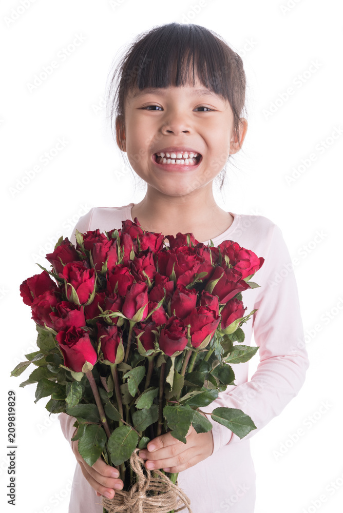 little girl holding bouquet or red rose flowers, asian girl with flowers little girl holding bouquet or red rose flowers, asian girl with flowers