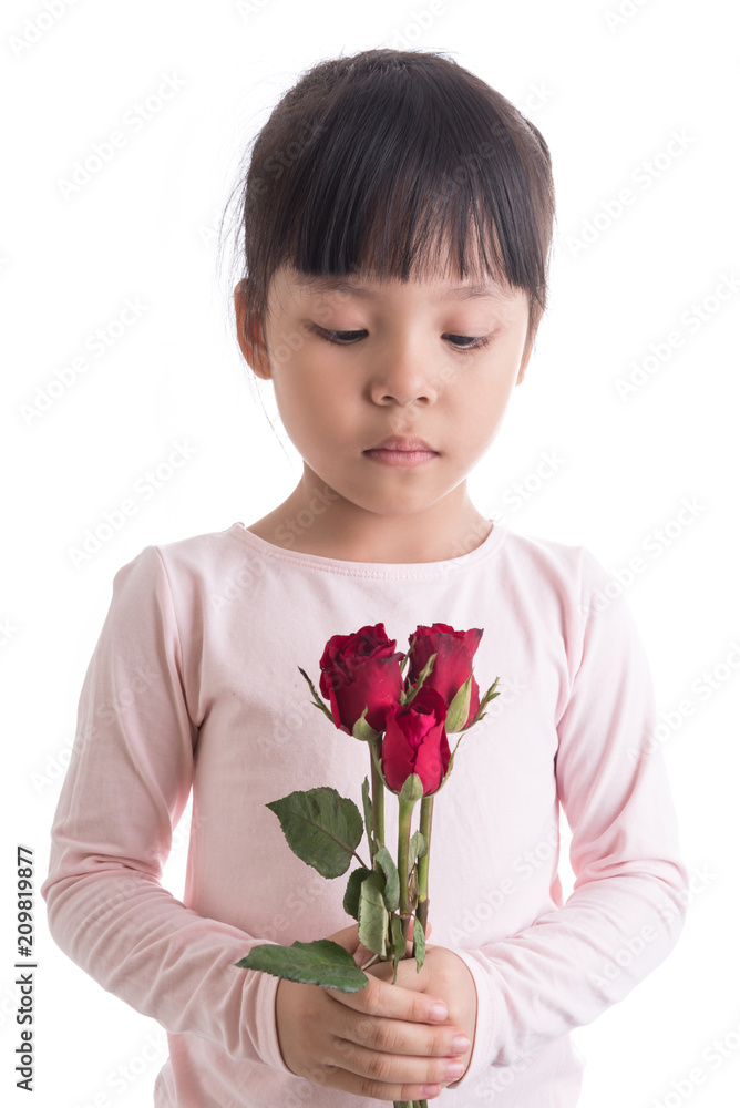 little girl holding bouquet or red rose flowers, asian girl with flowers little girl holding bouquet or red rose flowers, asian girl with flowers