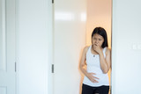 Pregnant female nausea in toilet,Hand woman touching her belly with morning sickness