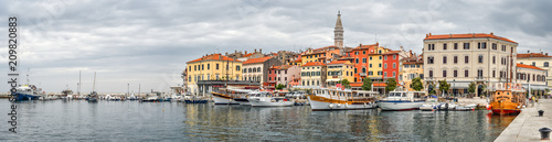 Rovinj, Croatia - May 22, 2018: Coastal town of Rovinj, Istria, Croatia. Rovinj - beautiful antique city, yachts and Adriatic Sea. Panorama.