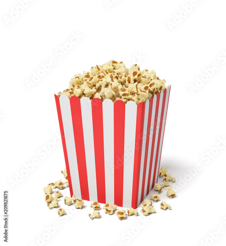 3d rendering of a square striped popcorn bucket with popcorn overflowing of it.