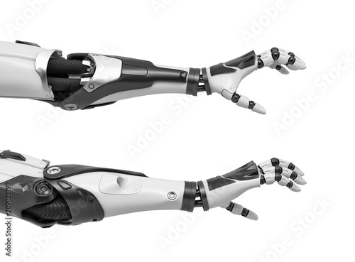 3d rendering of two robot arms with hand fingers in grabbing motion on white background.