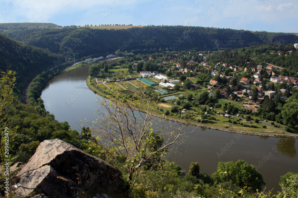 Fototapeta premium Nice view from hill Rivnac to Vltava meander with small birch tree