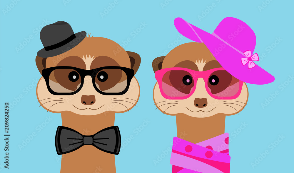 Meerkat boy and girl portrait with glasses, hat and bow. Vector illustration.