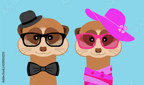 Meerkat boy and girl portrait with glasses, hat and bow. Vector illustration.