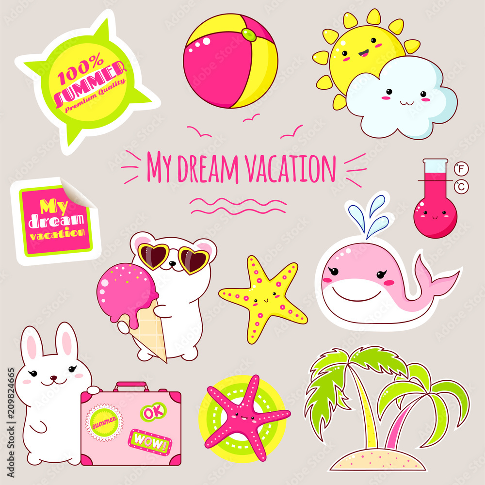 Set of cute summer stickers in kawaii style