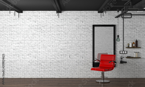 hair salon interior modern style 3d illustration beauty salon red chair,white brick wall