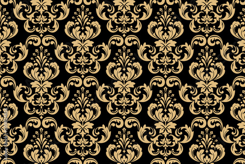 Wallpaper in the style of Baroque. A seamless vector background. Black and gold floral ornament. Graphic pattern for fabric, wallpaper, packaging. Ornate Damask flower ornament