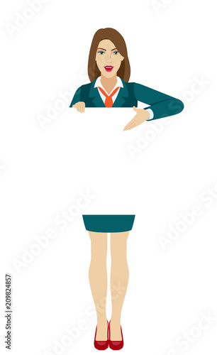 Businesswoman holding white blank poster and showing blank signboard