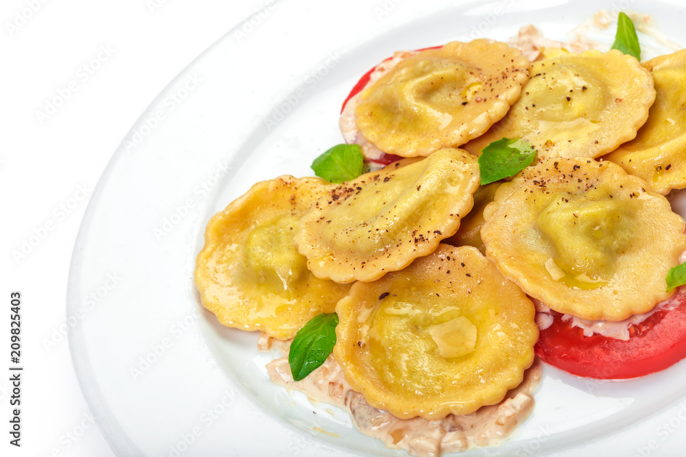 Traditional italian ravioli isolated on white background