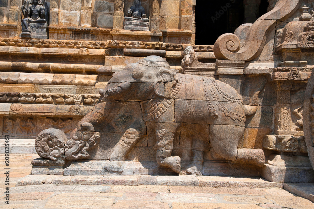 Elephant near flights of steps, agra-mandapa, Airavatesvara Temple, Darasuram, Tamil Nadu. View from South. Elephant near flights of steps, agra-mandapa, Airavatesvara Temple, Darasuram, Tamil Nadu. View from South.