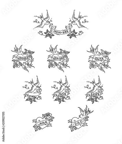 Tattoo swallows with the inscription of mom dad on tape. Vector illustration. Tattoo, American old school. Two birds Swallows, roses and congratulations for parents. The inscription on the ribbon.