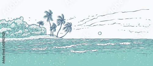 Sandy tropical island with palm trees, sea waves surf. Landscape beach in ocean for summer holiday and tourism. Monochrome vector illustration background for design cards or banner.