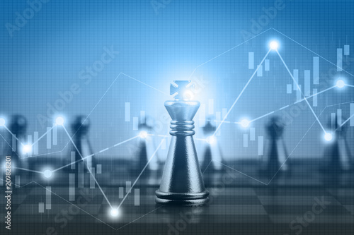 Double exposure financial market stock chart with chess board game competition, success and leadership business concept photo