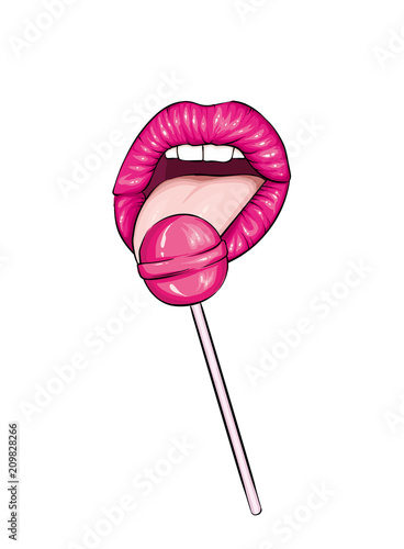 A girl licks a candy on a stick. Women's lips, tongue and sweet. Vector illustration. 