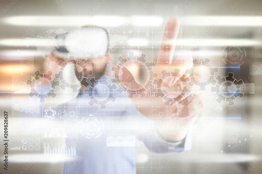 Gears on virtual screen. Business strategy and technology concept. Automation process. Gears on virtual screen. Business strategy and technology concept. Automation process.