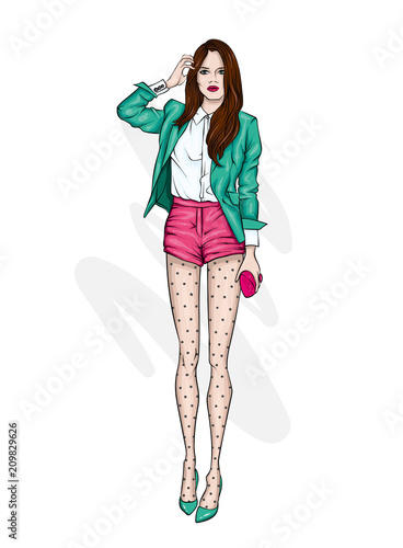 A tall slender girl in short shorts, a jacket and high-heeled shoes. Beautiful model in stylish clothes. Vector illustration for a postcard or a poster, print for clothes.