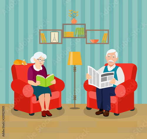 Old family on chairs. Grandfather and grandmother reading book and newspaper. Vector flat style illustration