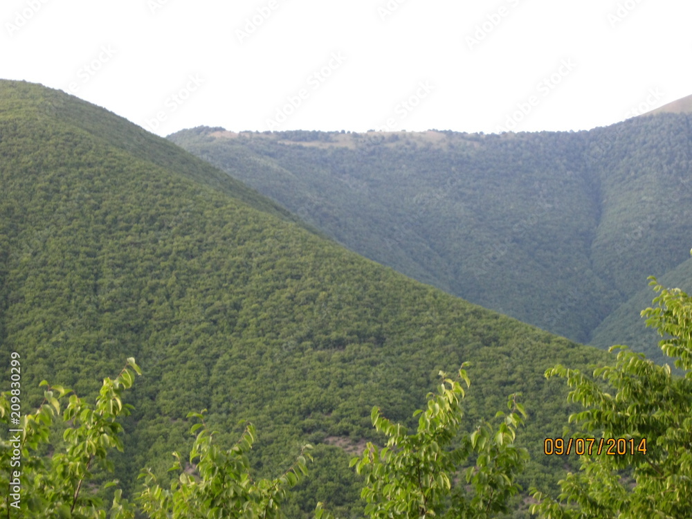 The green forested mountains of Sheki in the spring.