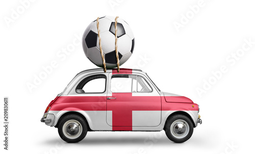 England flag on car delivering soccer or football ball isolated on white background