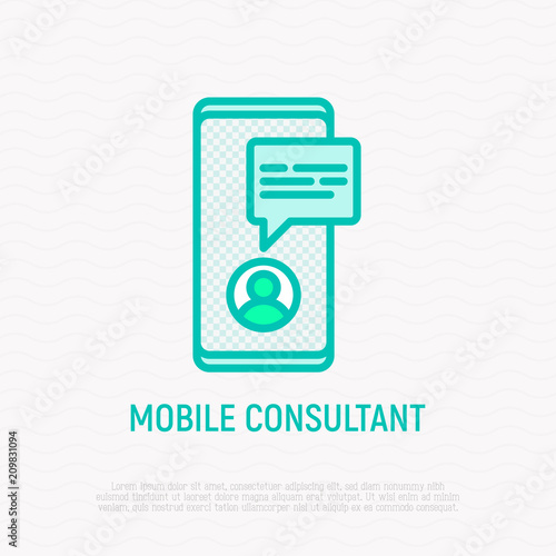 Online consultant thin line icon: chat with doctor on screen of smartphone. Modern vector illustration.