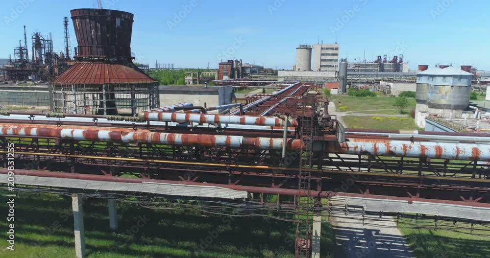 Aerial shot of off oil refinery, abandoned factory.