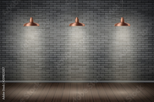 Interior of black brick wall with vintage pedant brass lamps and wooden floor. Vintage Rural room and fashion interior. Background of loft and trendy showroom or cafe. Vector.