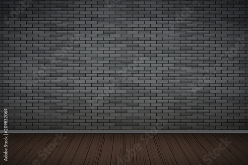 Interior of Black brick wall and wooden floor. Vintage Dark room and fashion interior. Grunge Industrial Texture. Background of loft and trendy showroom or cafe. Vector Illustration.
