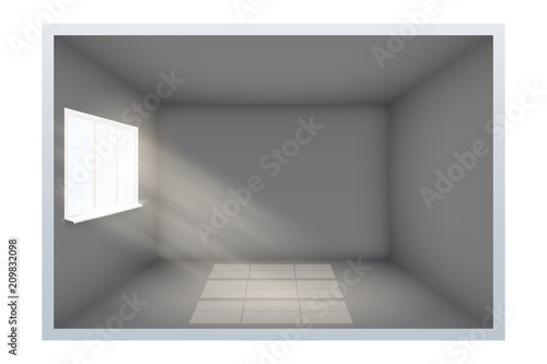 Example of an empty dark room with black walls and window. Simple interior without furnish and furniture. Sunlight falls from the window to the floor. Vector.