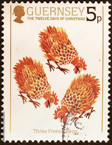 Twelve days of Christmas - 3 french hens on postage stamp of Guernsey photo