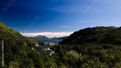 Panoramic view to Napp village and Skjellsteinvika bay at Flakstadoya Island, Lofoten, Norway